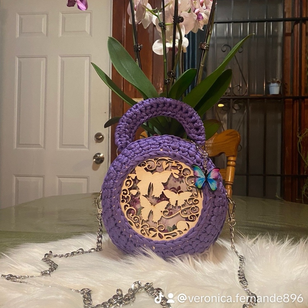 Handcrafted Purple Round Crochet Bag with Butterfly Accent